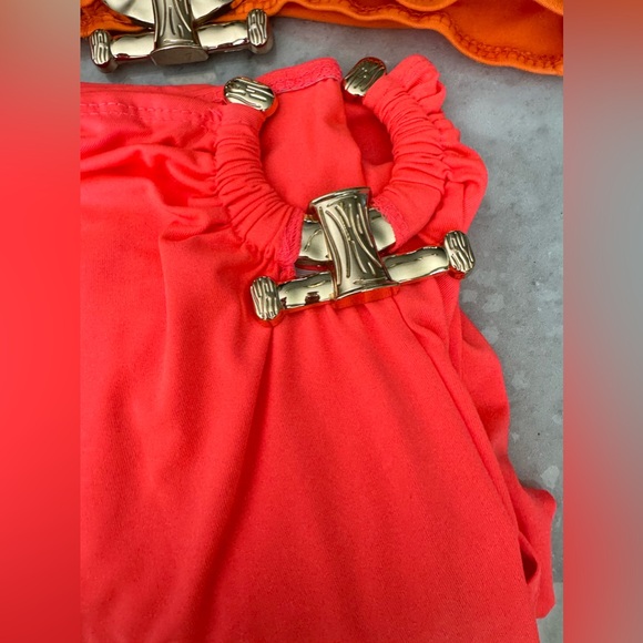 Neon Two Piece Beach Outfit Metal Rings Strapless Crop Top High Split Maxi Skirt - Picture 4 of 5